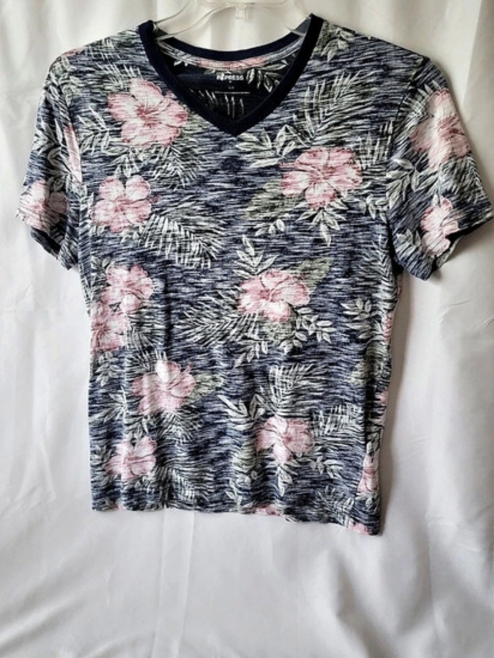 EXPRESS Men's Hawaiian Style Short Sleeve V-Neck Tee in Blue & Pink Size Small
